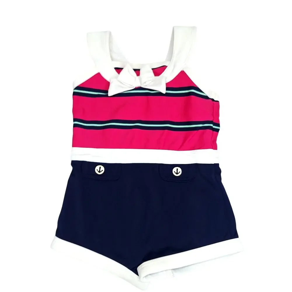Janie and Jack Sailor Swimsuit Baby Girl 12-18mo Nautical Stripe One Piece Retro